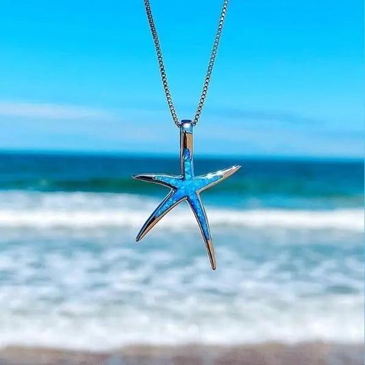 Necklace with blue opal and silver starfish