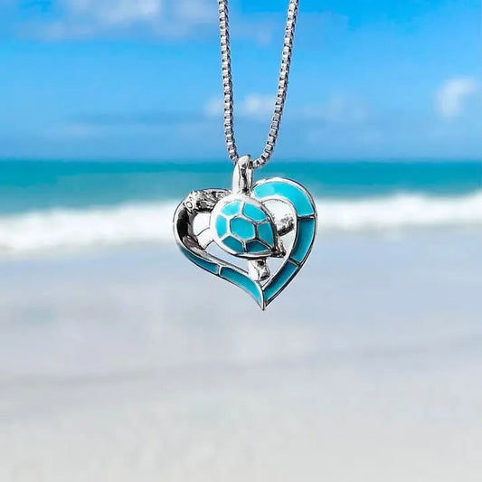 Turtle heart necklace blue and silver