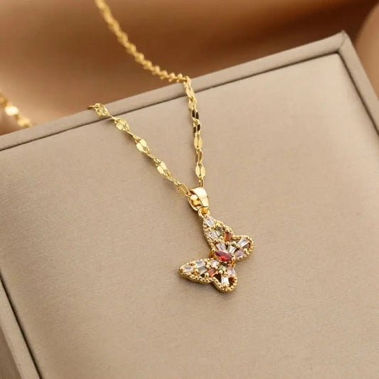 Gold necklace with crystal butterfly