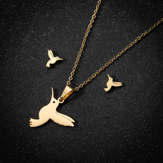 Gold hummingbird necklace + earrings