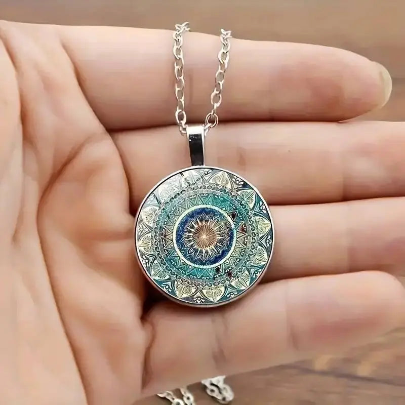 Vintage style rounded blue mandala necklace