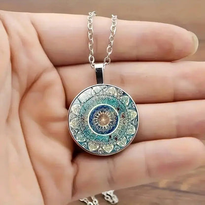 Vintage style rounded blue mandala necklace