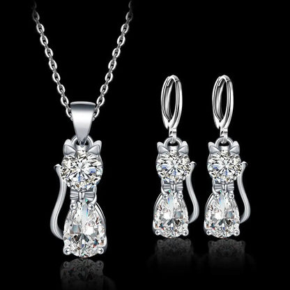 Happy Cats necklace and earrings in sterling silver with polished white cubic zirconia