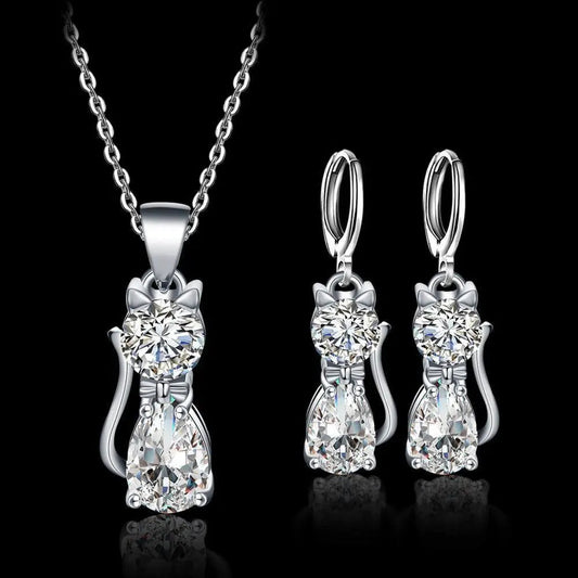 Happy Cats necklace and earrings in sterling silver with polished white cubic zirconia